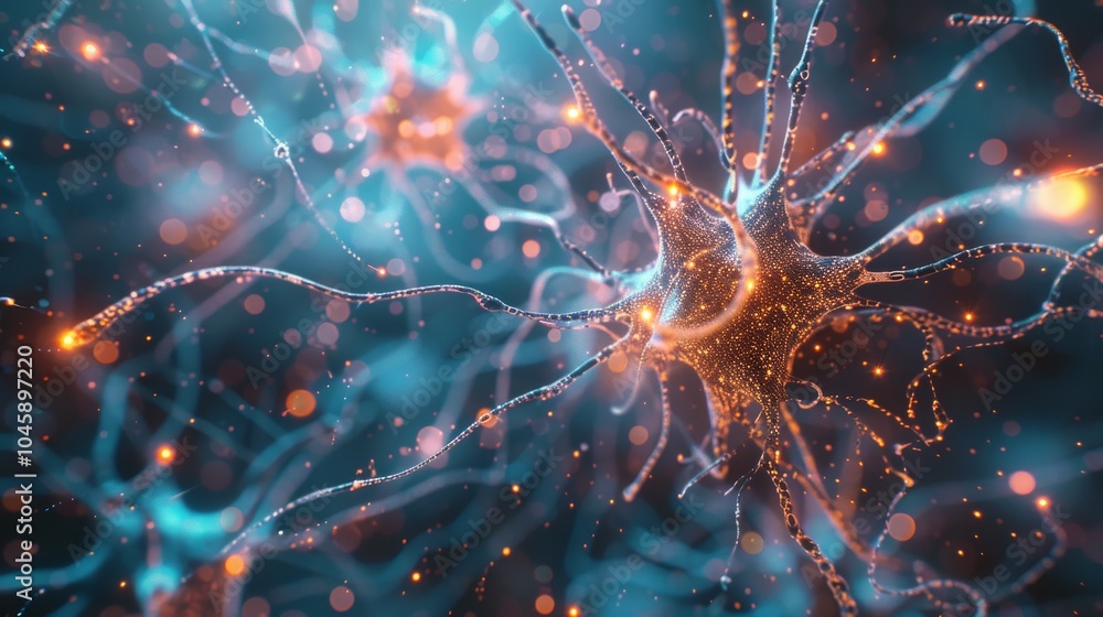 A futuristic depiction of brain cells with digital and holographic elements A futuristic depiction of brain cells with digital and holographic elements