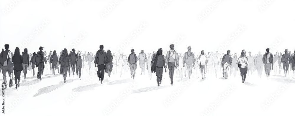 Fototapeta premium A large group of people walking in the same direction, simple line drawing, white background, black and gray tones, cartoon style Generative AI