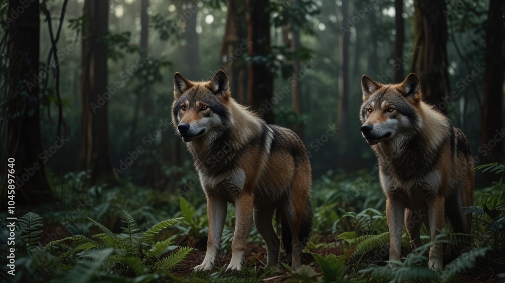 Obraz premium Two grey wolves stand in a dense forest, looking out at the viewer with caution.