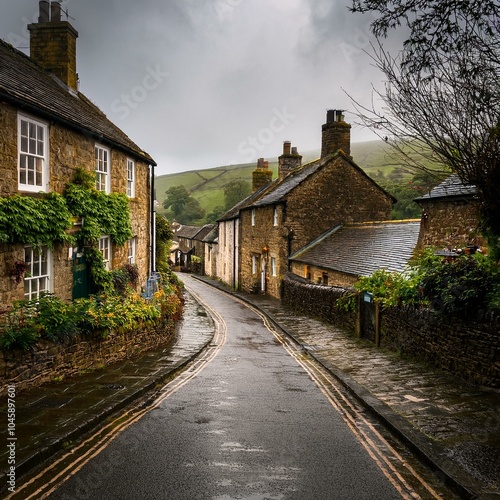 steep street in a traditional village on the hills in the UK, AI