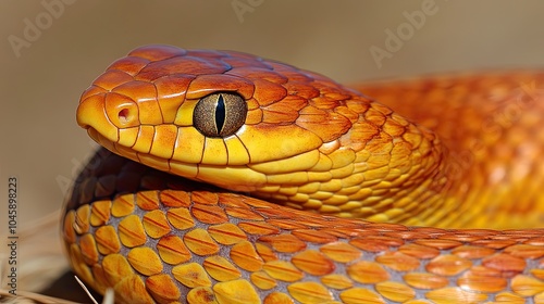 Close-up of a snake's head curled up and looking at the camera. A reptilian animal. Nature background. Illustration for cover, card, postcard, interior design, banner, poster, brochure or presentation