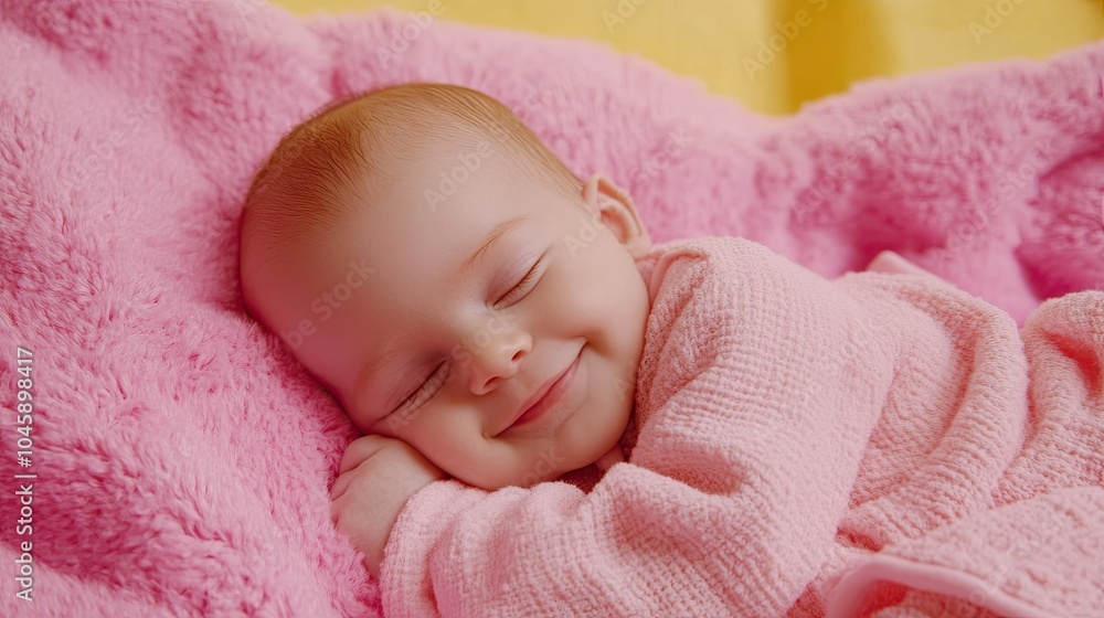 Newborn baby sleeping sweetly in his cot and smiling in his sleep. Happy life at home. A new addition to the family. Healthy baby soon after birth. Illustration for cover, postcard or brochure. Newborn baby sleeping sweetly in his cot and smiling in his sleep. Happy life at home. A new addition to the family. Healthy baby soon after birth. Illustration for cover, postcard or brochure.