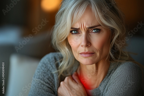 Wallpaper Mural A middle-aged woman holding her stomach with red highlighting her abdominal pain, expressing discomfort. Torontodigital.ca