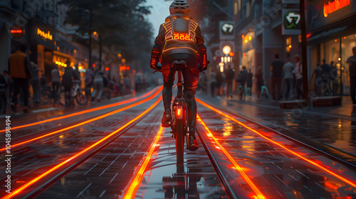 Futuristic pedestrian district with self-driving bikes, smart walkways that charge electric devices, and eco-friendly urban design promoting a green lifestyle