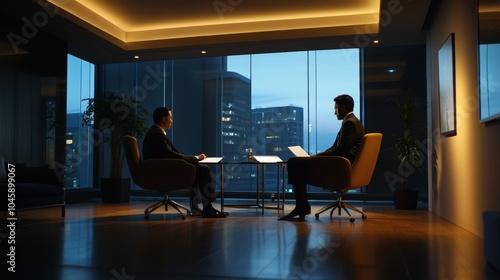 Silhouetted Business Meeting at Dusk: Two Professionals in a Modern Office Discussing Strategy Amidst City Skyline with Warm Interior Lighting