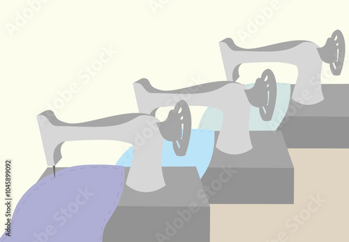 Vector Illustration of Factory Sewing Machines in a Textile Line -  industrial efficiency and production workflow in the garment making process.