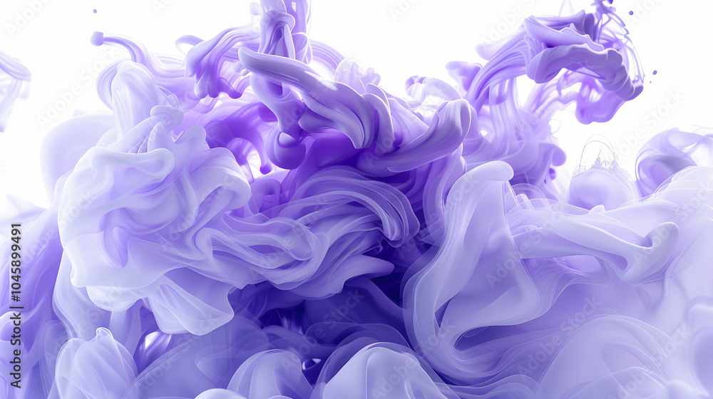 Fototapeta premium Abstract purple and white ink swirling in water, creating a dynamic and fluid design against a white background.