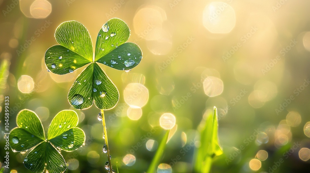 Close-up image of a four-leaf clover with water droplets on its leaves and grass in the background Close-up image of a four-leaf clover with water droplets on its leaves and grass in the background