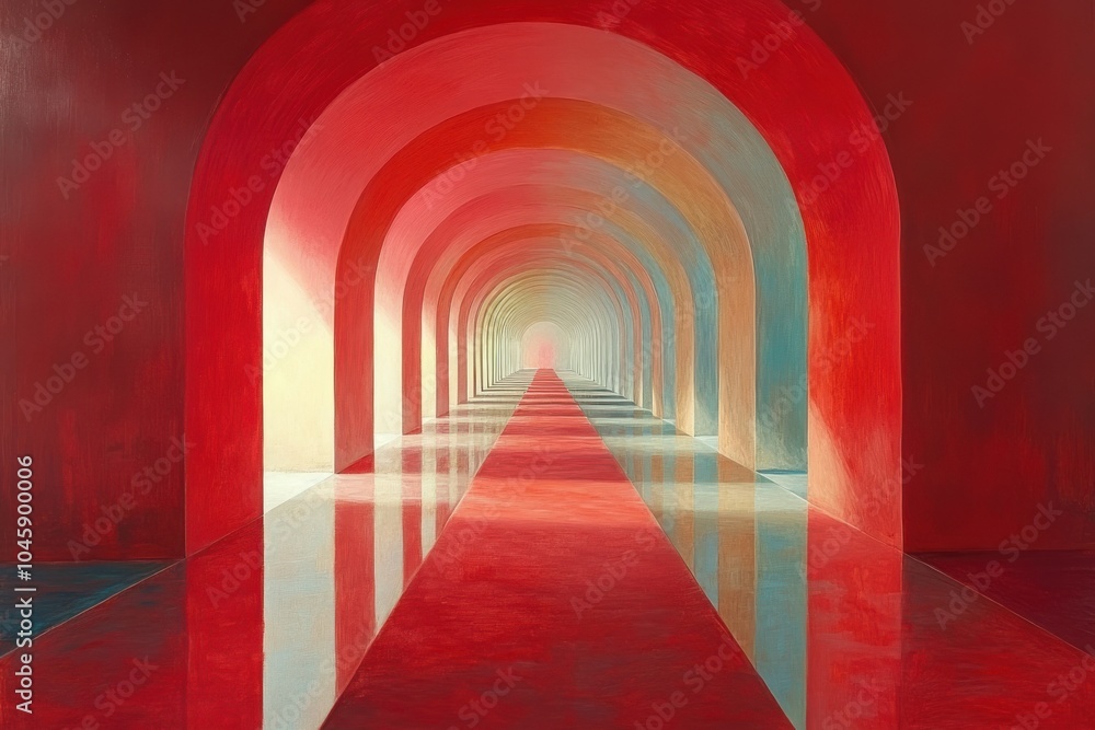 Fototapeta premium Vibrant geometric corridor with arched ceilings creating a mesmerizing visual depth.