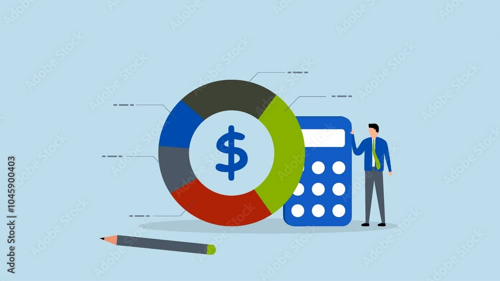 Cost structure, 4k animation of Businessman holding a calculator showing a pie chart of costs. Cost structure, 4k animation of Businessman holding a calculator showing a pie chart of costs.