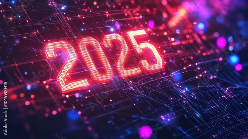 The year 2025 is represented in glowing red digital numbers on a dark background with a futuristic circuit board design and bokeh lights.