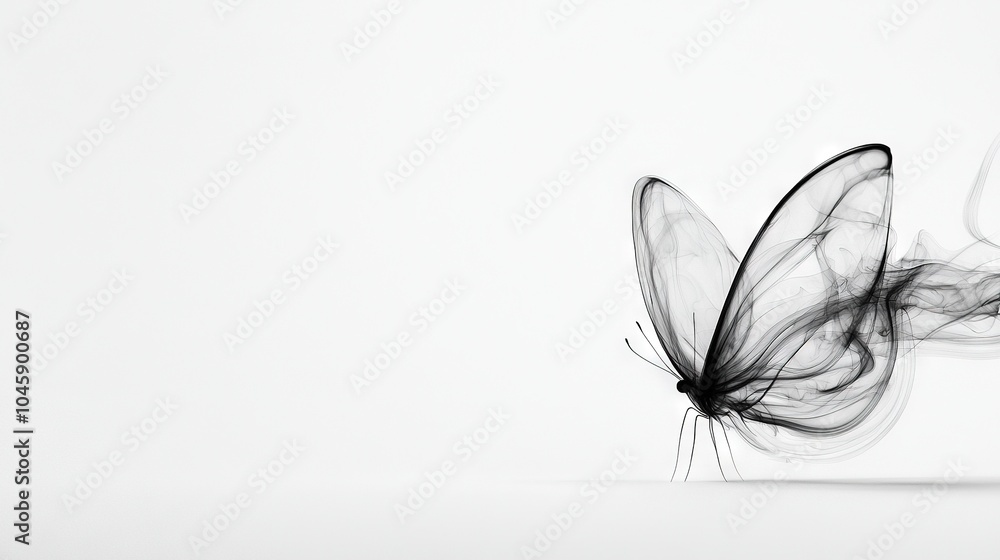 A grayscale image portrays a butterfly with smoky wings emanating from its front and rear A grayscale image portrays a butterfly with smoky wings emanating from its front and rear