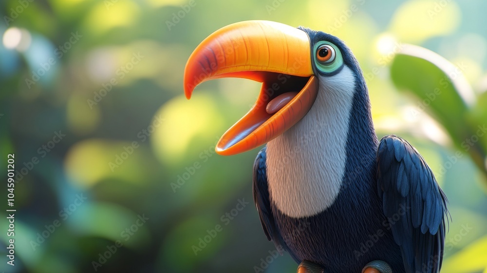 Obraz premium Bright 3D render of a toucan with its beak open, calling out