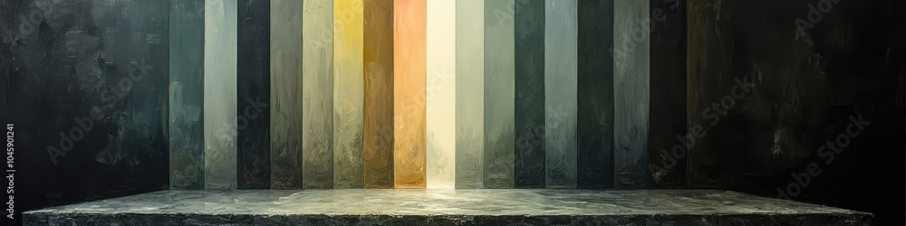 Abstract artwork featuring vertical panels in varying shades of grey, gold, and brown. Abstract artwork featuring vertical panels in varying shades of grey, gold, and brown.