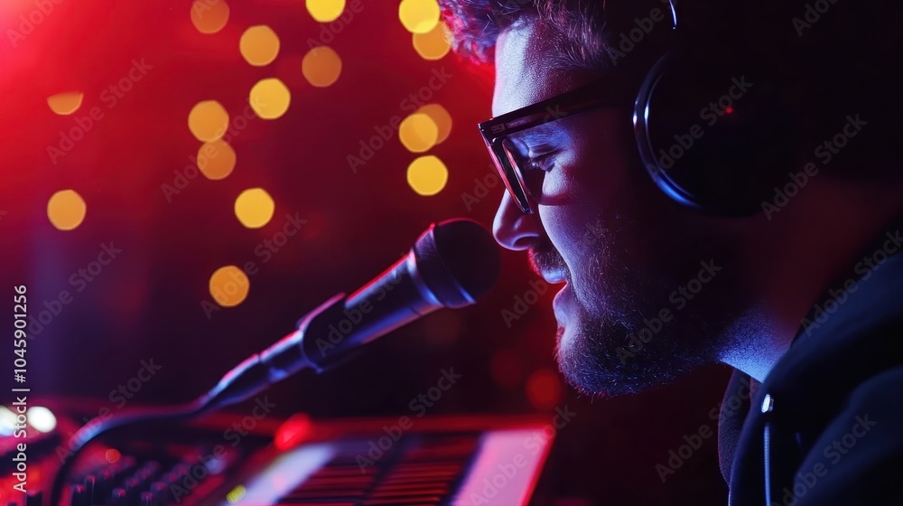 Man in a red-lit environment, speaking into a microphone while wearing headphones. He appears to be engaged in a recording or broadcasting activity Man in a red-lit environment, speaking into a microphone while wearing headphones. He appears to be engaged in a recording or broadcasting activity