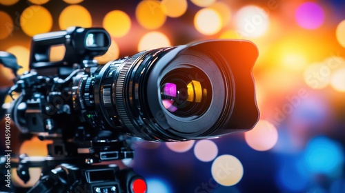 Professional video camera with a large lens, focused on a stage with colorful lights in the background