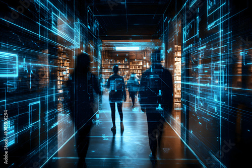 Futuristic university campus in a smart city, with AI-powered classrooms, digital libraries, and students interacting with advanced virtual reality learning tools