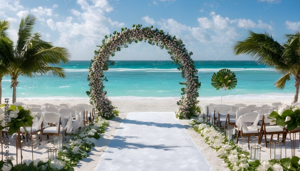 Fototapeta premium Romantic beachside wedding reception adorned with twinkling lights, creating a magical and elegant atmosphere.