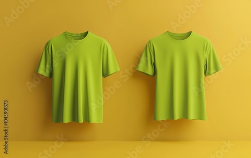 Two green t-shirts displayed against a vibrant yellow background. photo