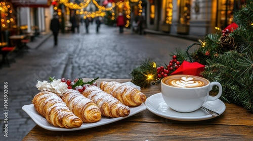 Enjoying hot cocoa and delicious pastries at a cozy Christmas market in the winter evening atmosphere with twinkling lights.