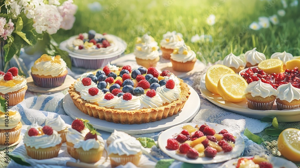 Frosted cupcakes on top of the table, surrounded by fresh lemons and raspberries Frosted cupcakes on top of the table, surrounded by fresh lemons and raspberries