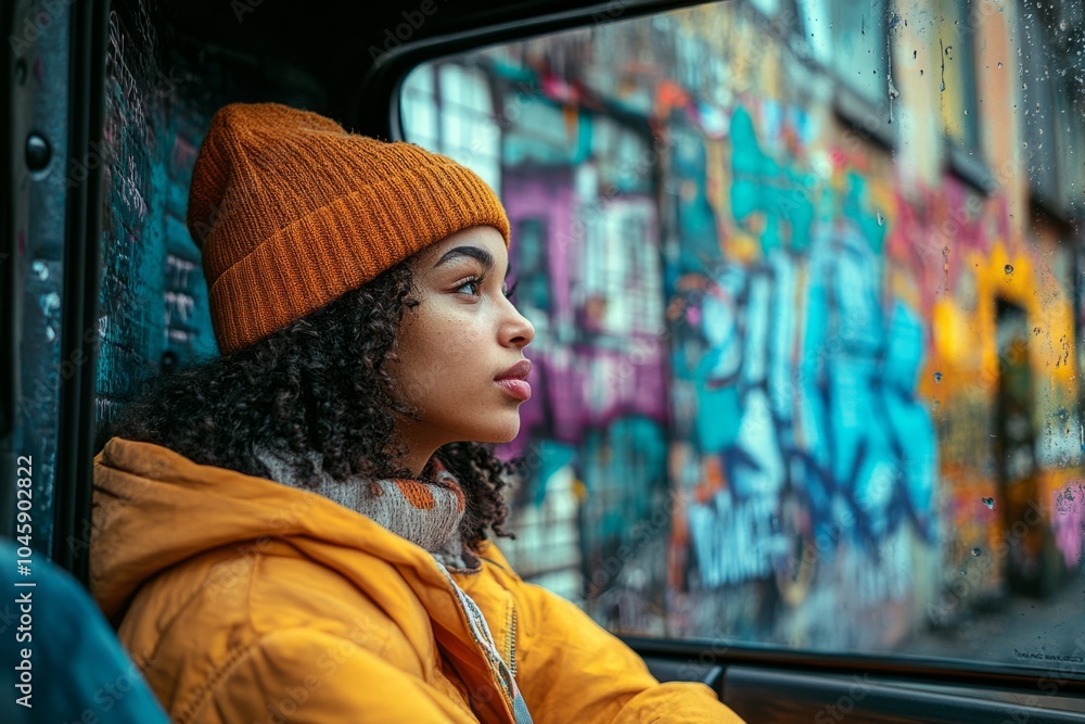 A young woman gazes thoughtfully through a van window. The vibrant graffiti backdrop adds a urban feel. She wears a cozy orange beanie and jacket. Generative AI A young woman gazes thoughtfully through a van window. The vibrant graffiti backdrop adds a urban feel. She wears a cozy orange beanie and jacket. Generative AI