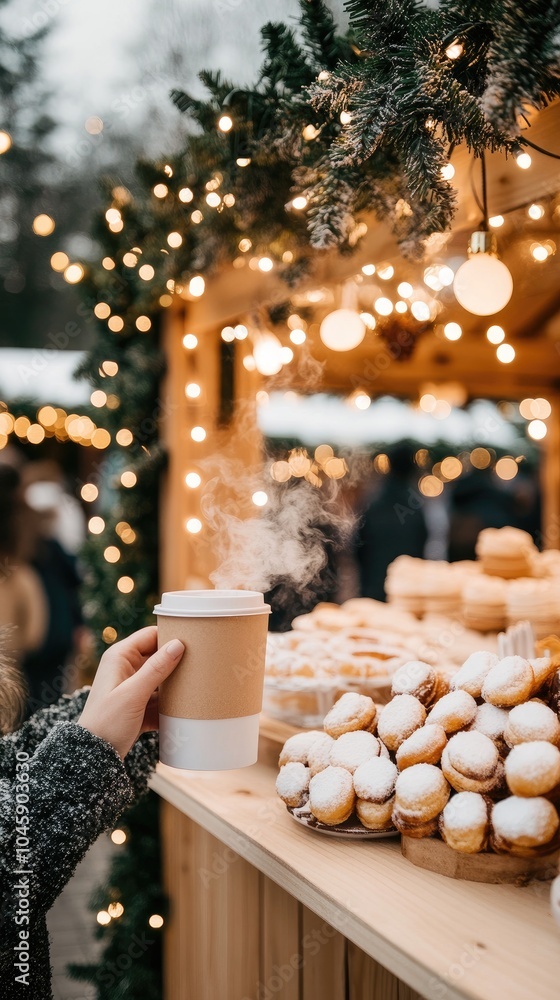 Enjoying hot cocoa and delicious pastries at a cozy Christmas market in the winter evening atmosphere with twinkling lights Enjoying hot cocoa and delicious pastries at a cozy Christmas market in the winter evening atmosphere with twinkling lights