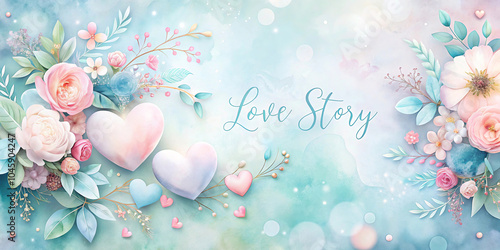 Love Story Watercolor Floral Design with Heart Motifs photo