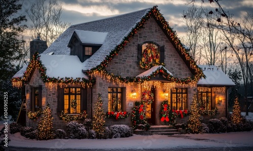 A Stone Cottage Adorned with Christmas Lights, Garlands, and Wreaths, Wide Shot, Evening, Snow, Holiday Decor