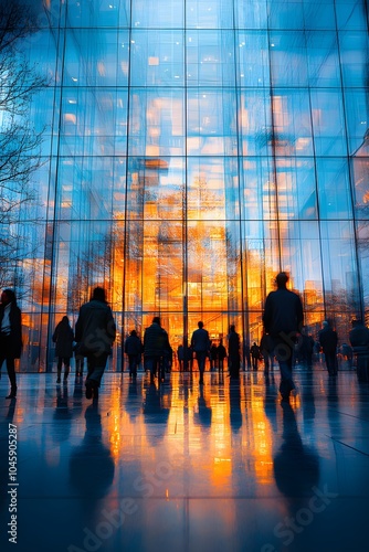 Abstract view of people in motion near a sleek, glass-walled business building.