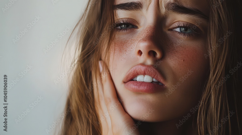 a woman with long hair, touching her cheek in toothache discomfort a woman with long hair, touching her cheek in toothache discomfort