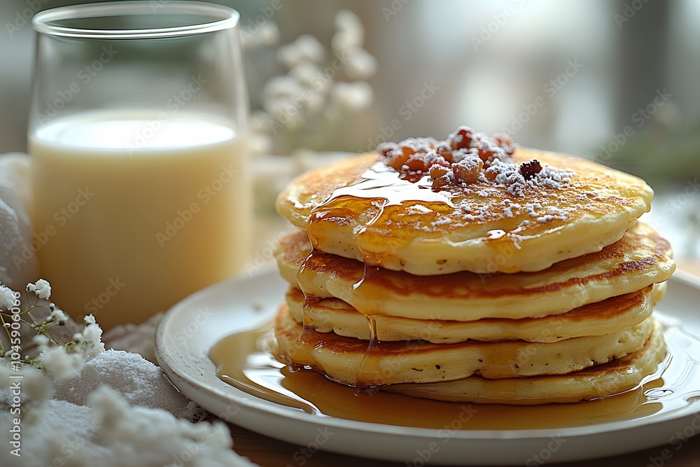 Fresh milk in a glass next to a stack of pancakes drizzled with syrup Fresh milk in a glass next to a stack of pancakes drizzled with syrup