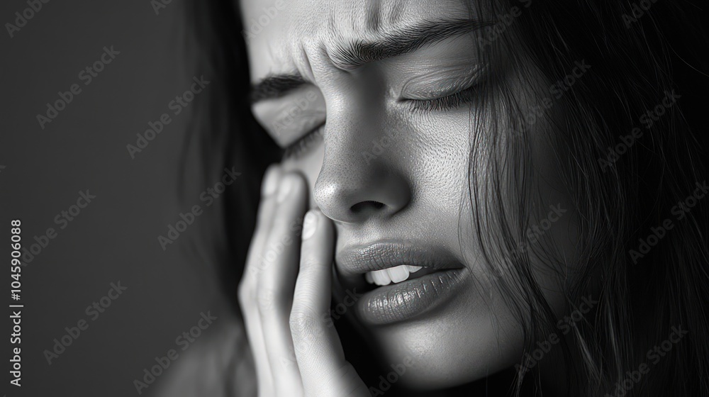a woman with long hair, touching her cheek in toothache discomfort a woman with long hair, touching her cheek in toothache discomfort
