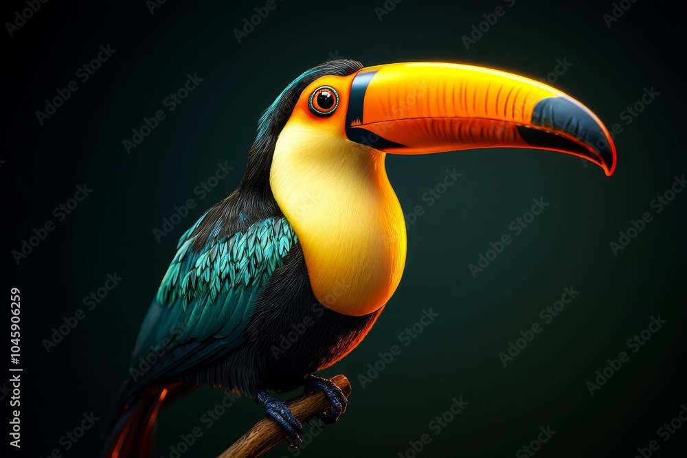 Obraz premium Toucan's Gaze A Digital Portrait of a Vibrant Bird with a Striking Orange Beak, Digital Art, Toucan, Bird, Wildlife, Tropical, Nature