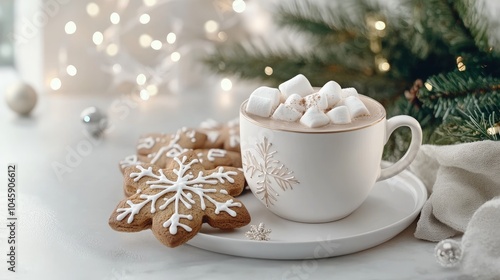 A cozy cup of hot chocolate topped with marshmallows sits beside gingerbread cookies shaped like snowflakes, creating a festive winter treat photo