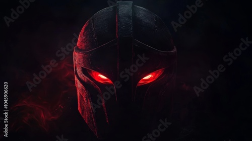 ancient spartan helmet with red glowing furutistic cyber eyes in the dark looking straight on dark background photo