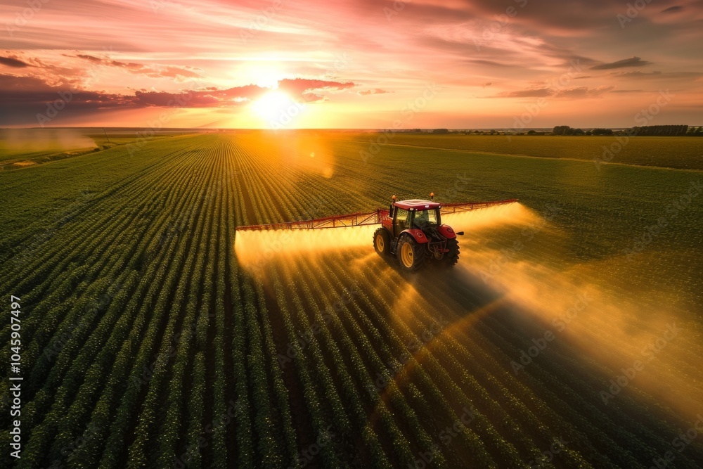 Fototapeta premium Farmer in a tractor spraying crops in sunset light