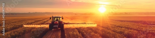 Tractor spraying pesticides over crops in vast farmland at sunset