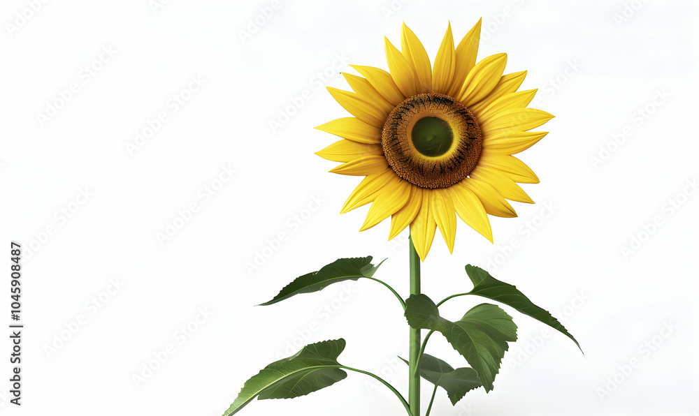 Fototapeta premium A single sunflower with yellow petals and a brown center, with green leaves on a white background.