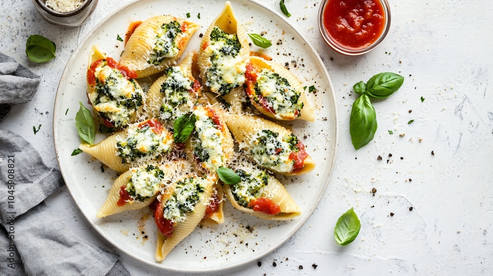 Broccoli and ricotta stuffed shells, isolated on a white porcelain plate, garnished with fresh basil, a sprinkle of Parmesan, and a drizzle of marinara sauce Broccoli and ricotta stuffed shells, isolated on a white porcelain plate, garnished with fresh basil, a sprinkle of Parmesan, and a drizzle of marinara sauce