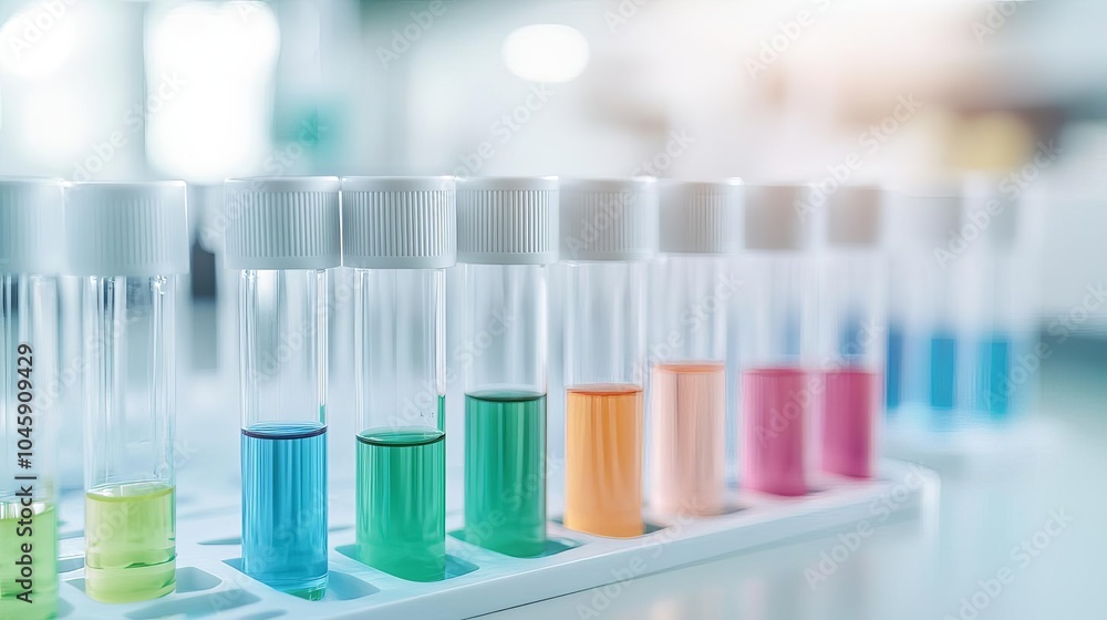 Medical lab filled with test tubes containing colorful stem cell cultures Medical lab filled with test tubes containing colorful stem cell cultures
