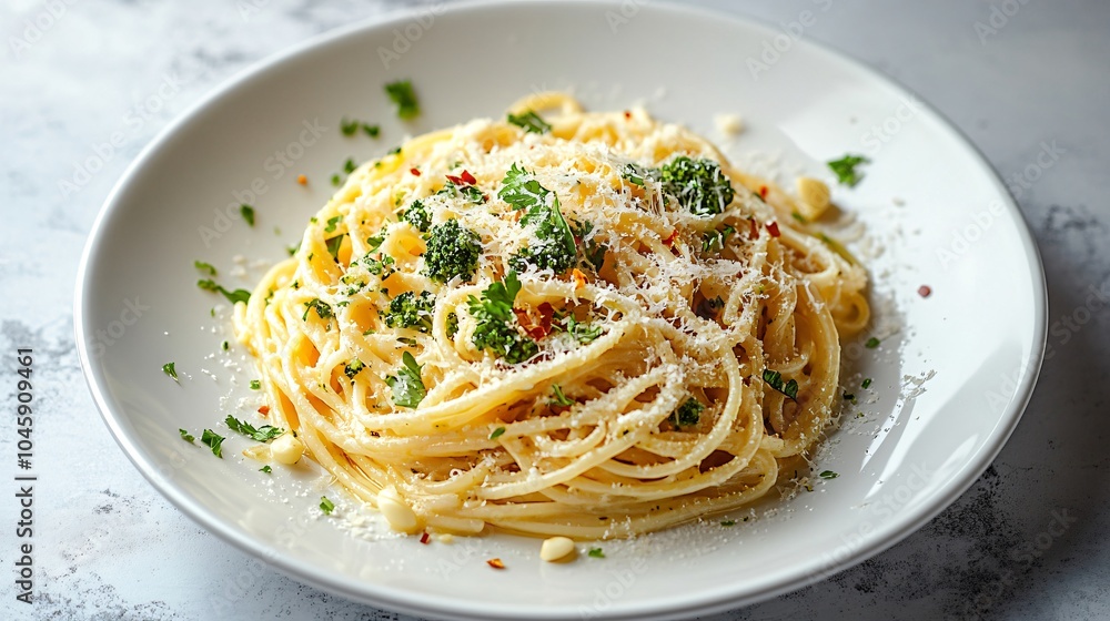 Broccoli pasta with olive oil and Parmesan, isolated on a white porcelain plate, garnished with grated Parmesan, garlic, and a sprinkle of fresh parsley Broccoli pasta with olive oil and Parmesan, isolated on a white porcelain plate, garnished with grated Parmesan, garlic, and a sprinkle of fresh parsley