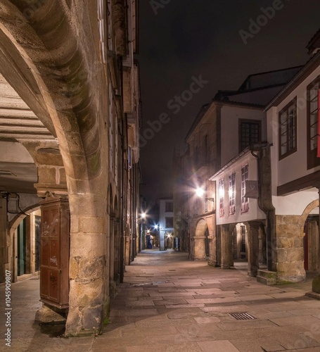 Panorámica nocturna de la Rúa do Vilar en Santiago de Compostela, Galicia photo