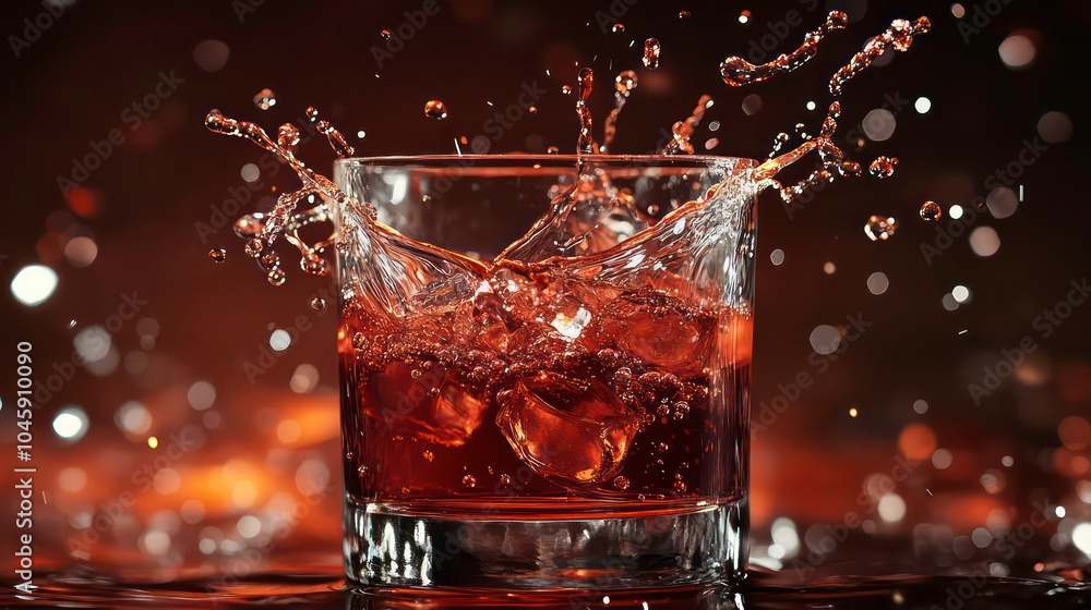 A glass of whiskey with ice, splashing on a dark background. A glass of whiskey with ice, splashing on a dark background.
