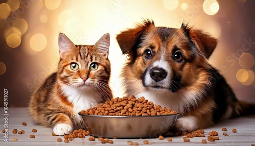 un chien et un chat heureux devant une gamelle de croquettes photo