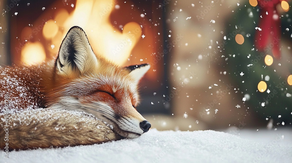 Obraz premium A red fox slumbers in snow, beside a fireplace and Christmas tree