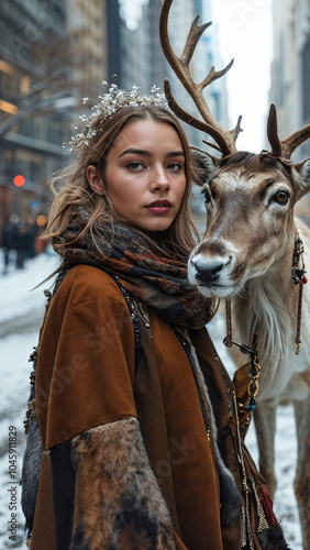 fashion photography A beautiful young model with her charismatic deer-2