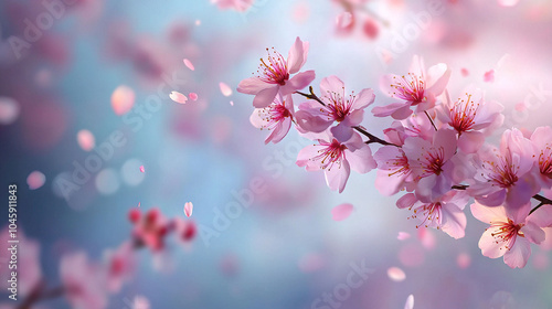  A pink flower close-up on a branch against a blue sky with a blurry background