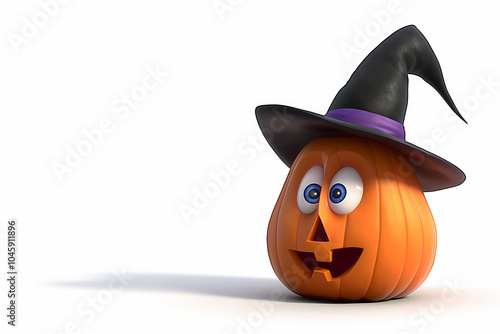 Cartoon Halloween pumpkin in witch hat on white background, space for text