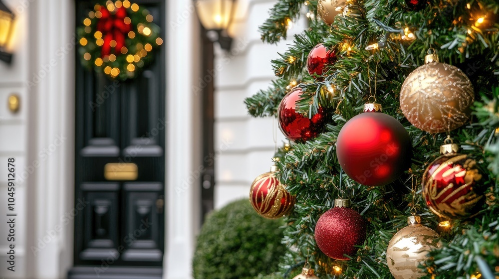The apartment entrance shines with Christmas decor-red and white ornaments on green branches and warm yellow lights The apartment entrance shines with Christmas decor-red and white ornaments on green branches and warm yellow lights